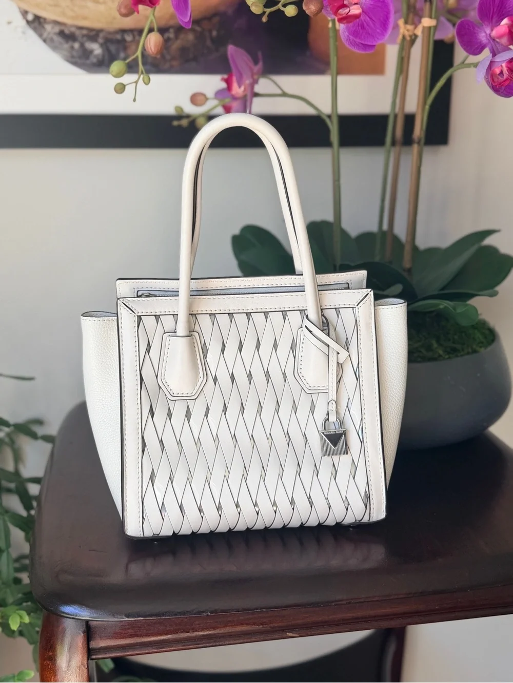 Michael Kors White Woven Leather Tote